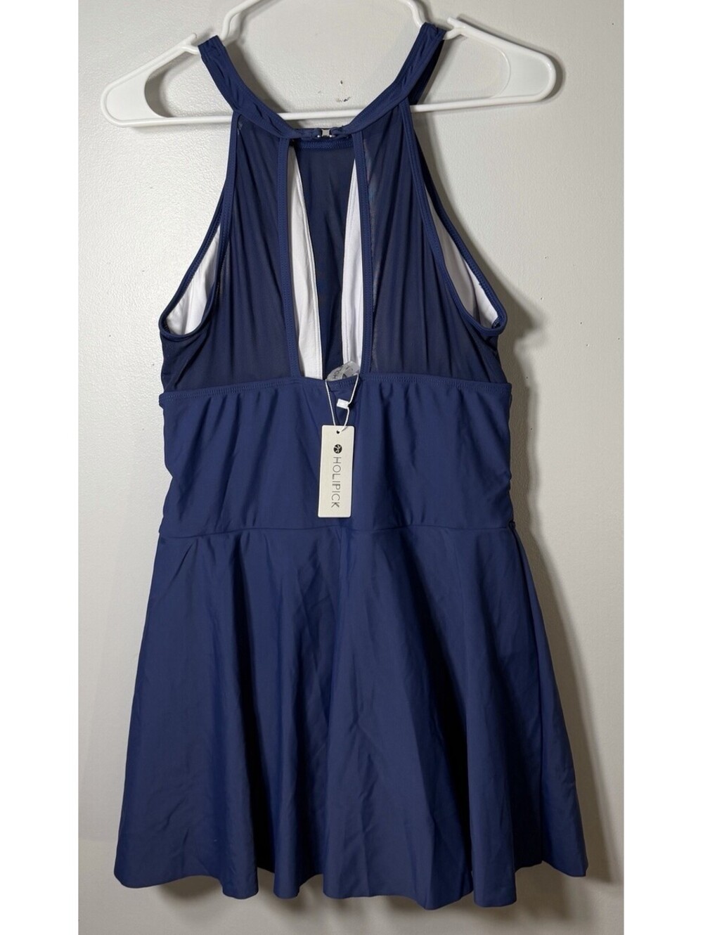 NWTS Holipick 1 Pc Blue Haltered Ruched Waist Slimming Swim Dress Large Beachy